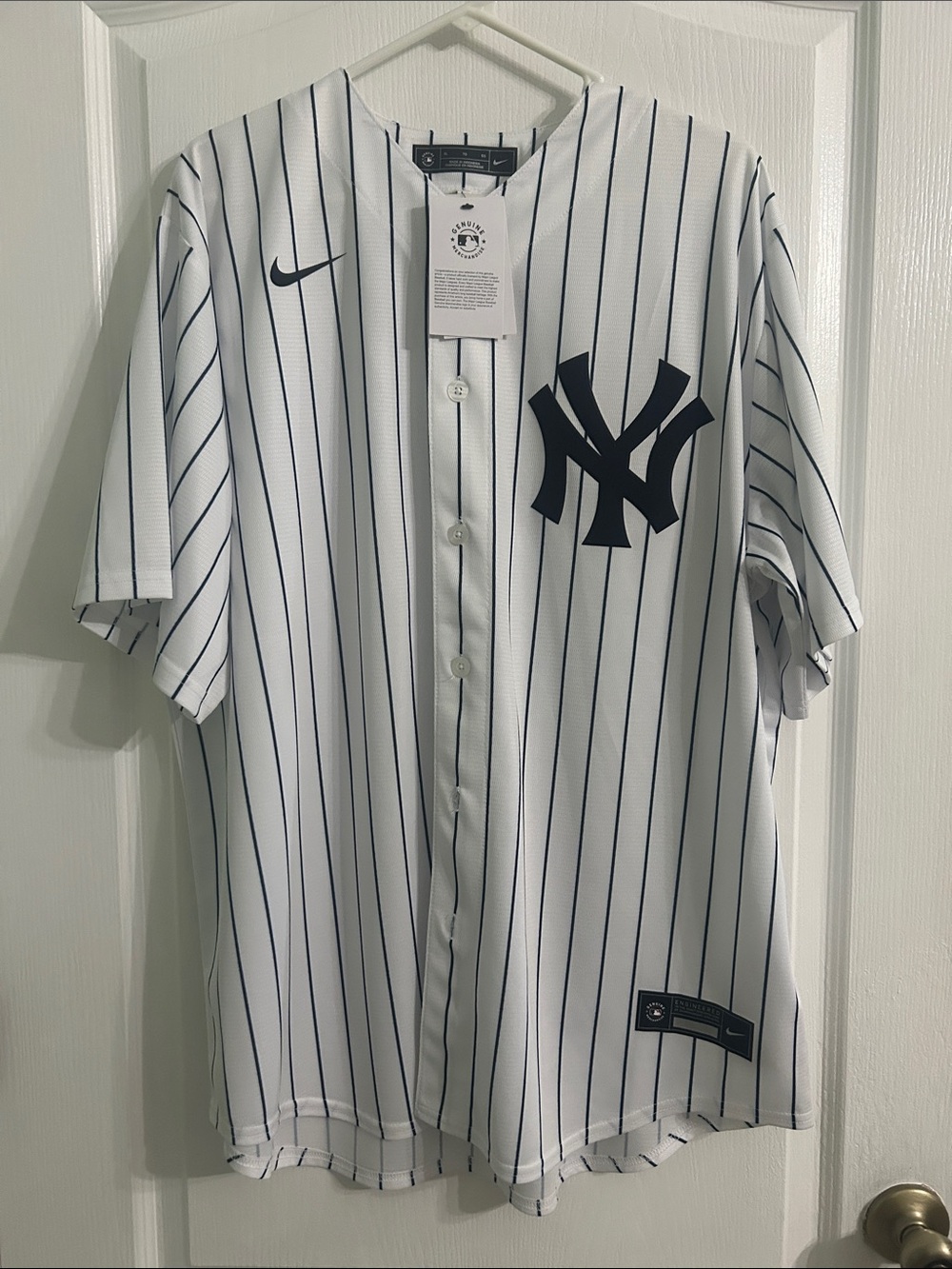 Nike White Pinstripe New York Yankees Jersey - Navy Logos